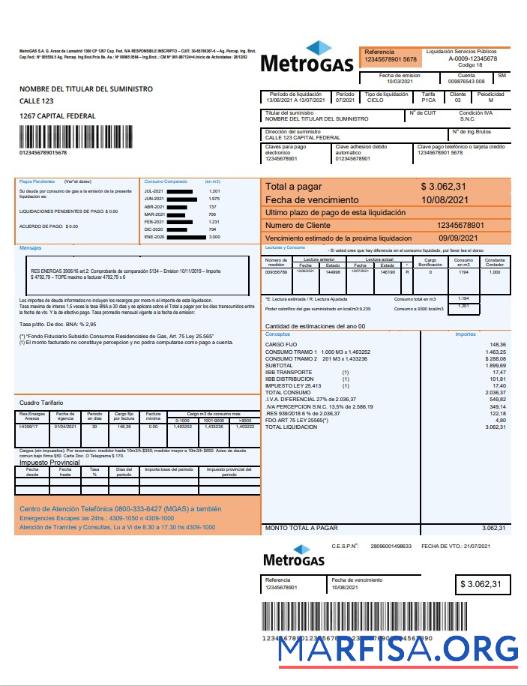 Downloadable Argentina Metrogas easy to fill utility bill template in Word and PDF format